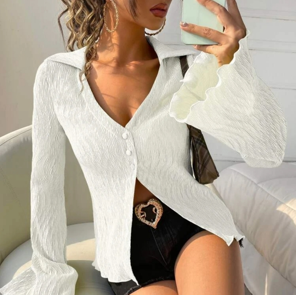 Flounce Sleeve Lettuce Trim Blouse